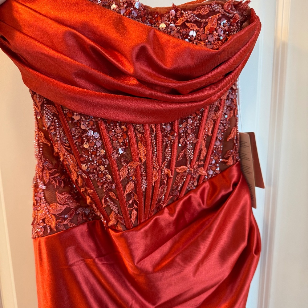 Mermaid strapless silk slit prom dress w/ appliquéd corset: rust